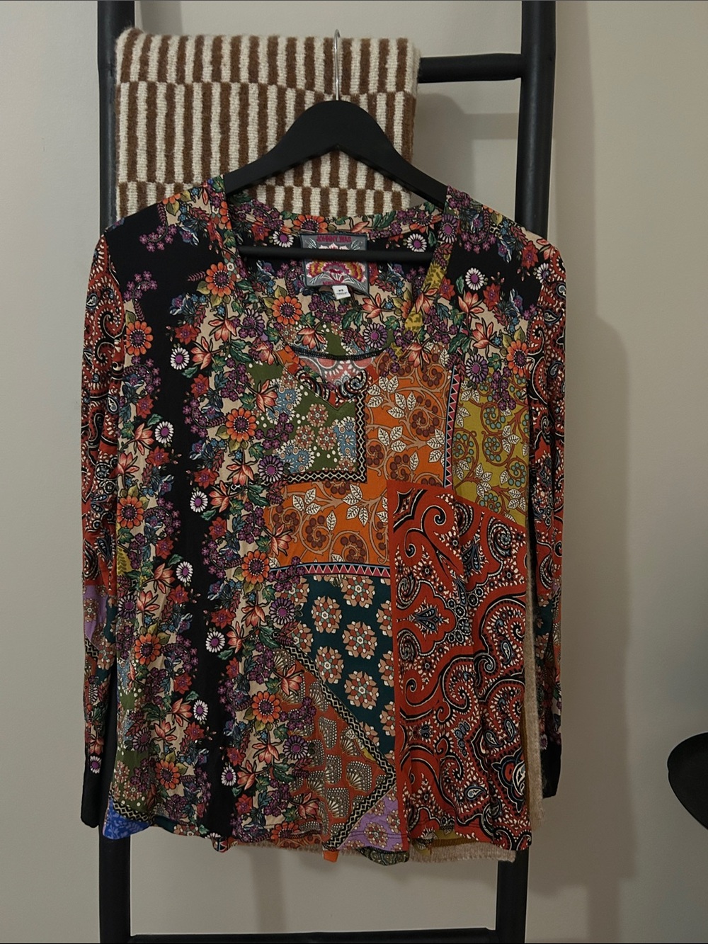 JOHNNY WAS Multicolor Patchwork Floral Long Sleeve Top